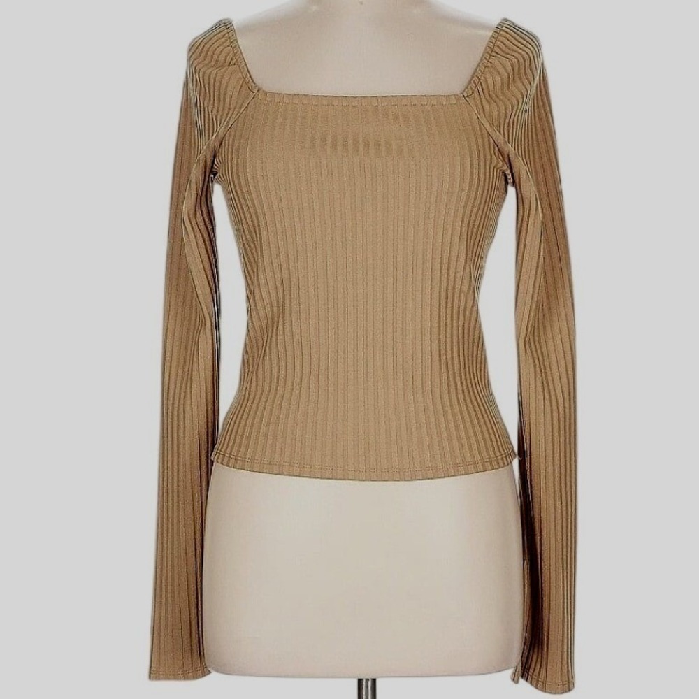 Madewell Ribbed Knit Square Neck Top L Tan Long Sleeve Minimalist Basic